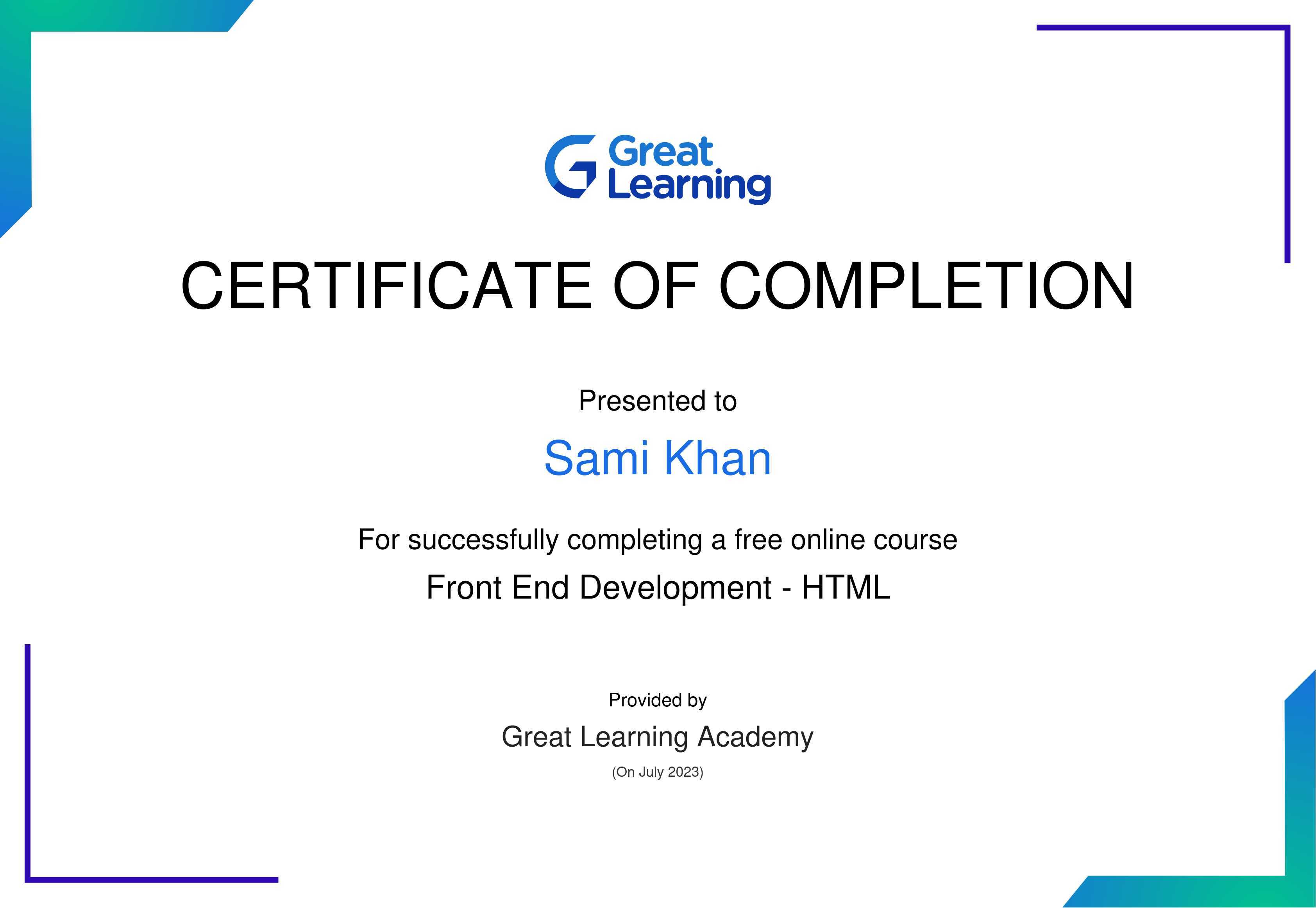FrontEnd Development (HTML) Certificate